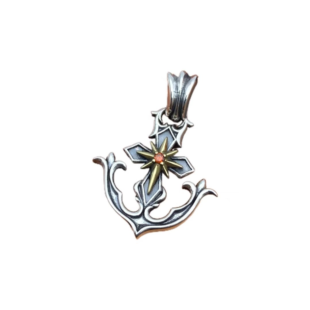 Hot Selling Japanese and Korean Trendy Luxury European American Style Crown Boat Anchor Inlaid with Red Diamond Pendant Gift
